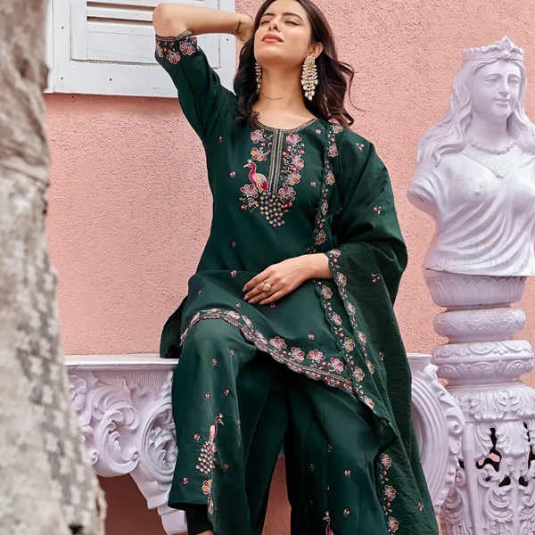 Dark_Green_Roman_Silk_Straight_Kurta_Set_For_Women