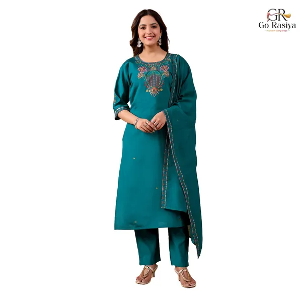 Teal_Two_Tone_Roman_Straight_Kurta_Set_For_Women