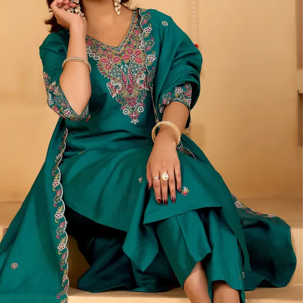 Teal_Roman_Silk_Kurta_Set_For_Women
