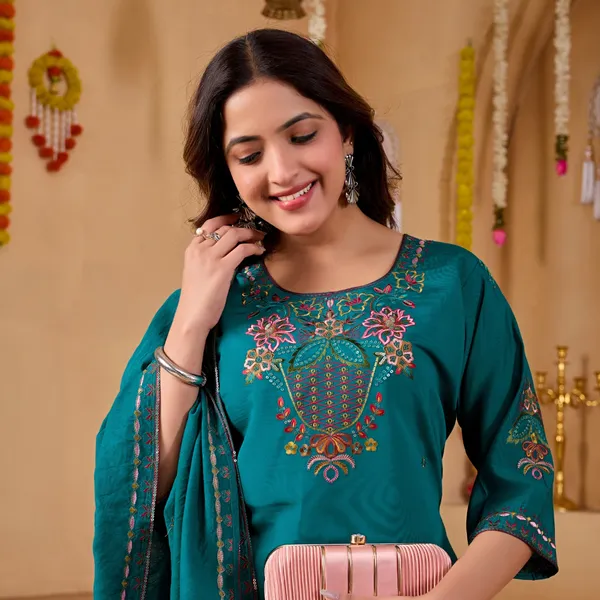 Teal_Two_Tone_Roman_Straight_Kurta_Set_For_Women