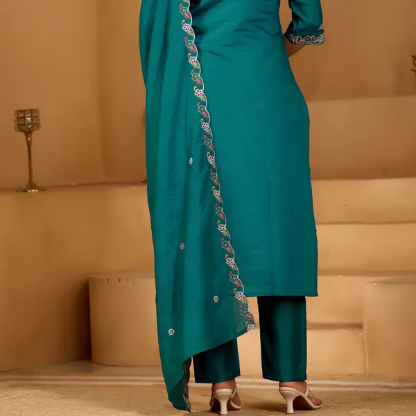 Teal_Roman_Silk_Kurta_Set_For_Women