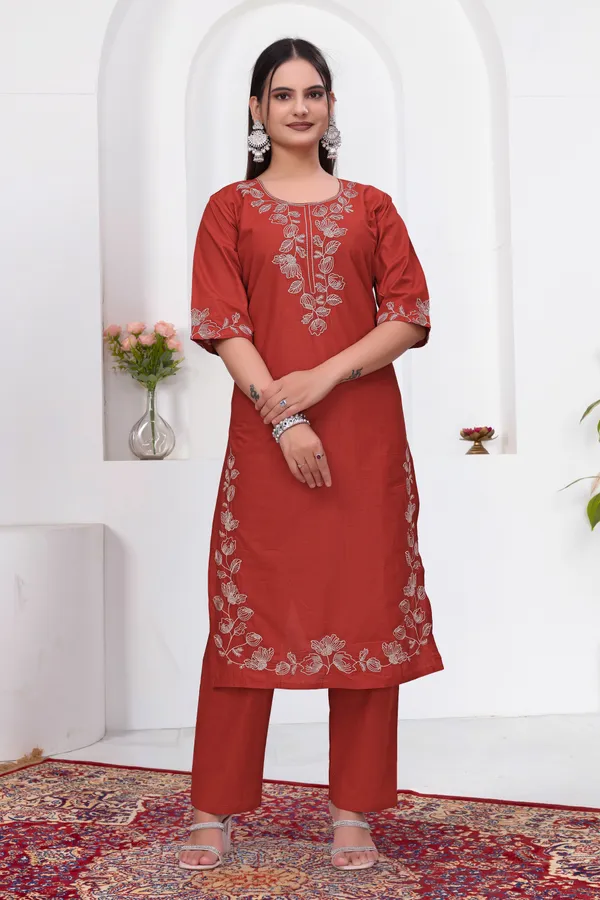 Rust_Dabu_Cotton_Ethnic_Kurta_Set_For_Women