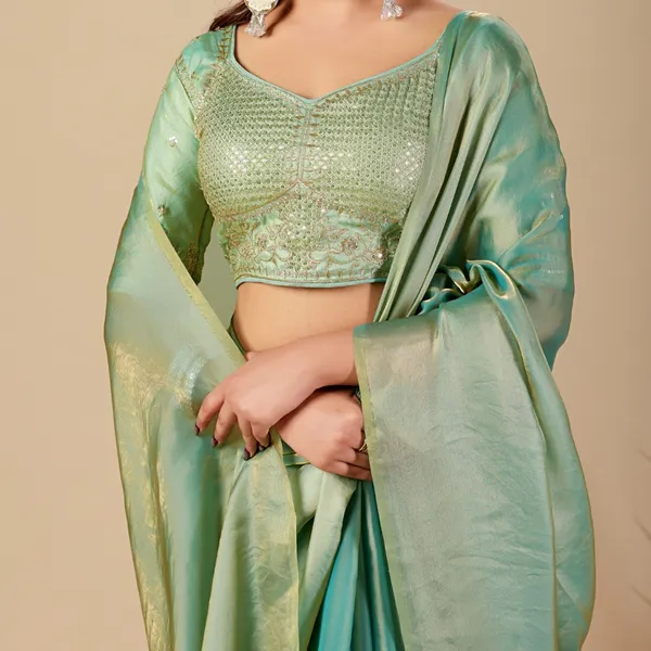 Mint_Green_Fancy_Satin_Saree_With_Blouse_For_Women