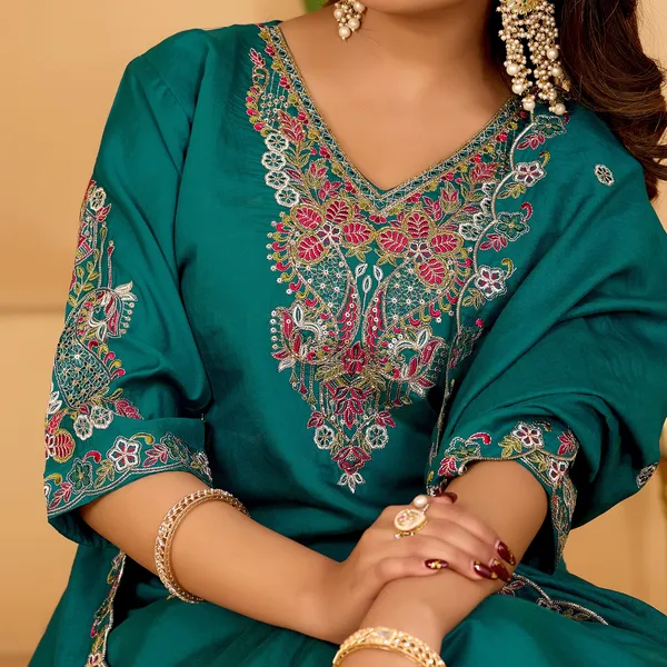 Teal_Roman_Silk_Kurta_Set_For_Women