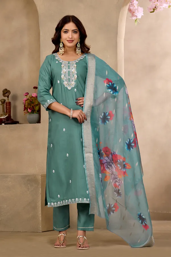 Teal_Rayon_Jacquard_Straight_Kurta_Set_For_Women