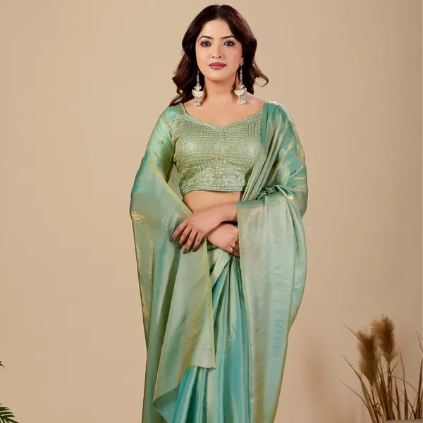 Mint_Green_Fancy_Satin_Saree_With_Blouse_For_Women