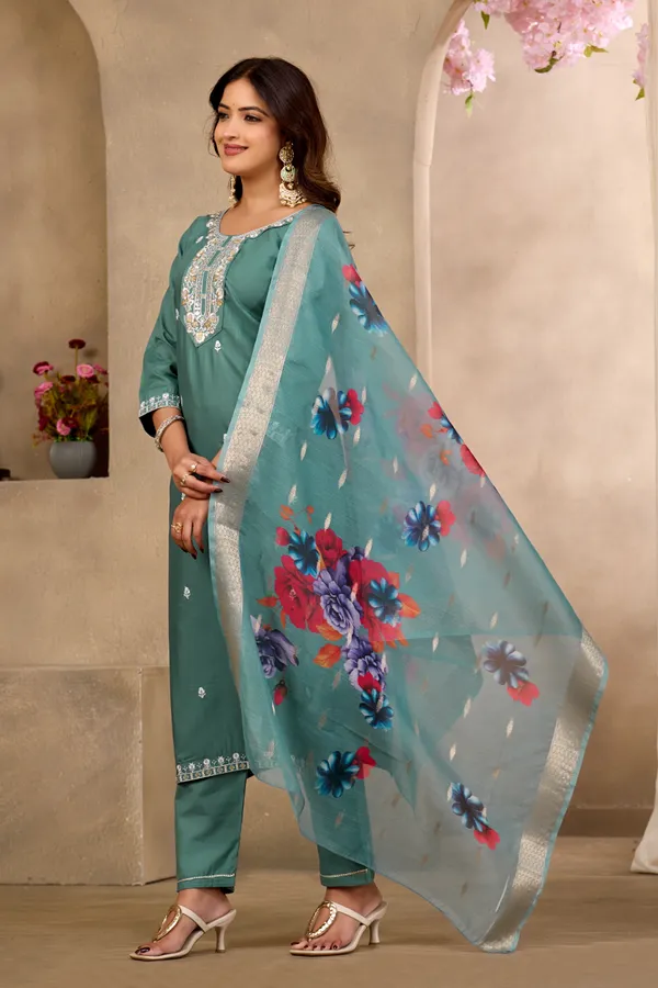 Teal_Rayon_Jacquard_Straight_Kurta_Set_For_Women