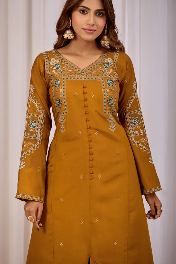 Mustard_Two_Tone_Roman_Silk_Straight_Kurta_Set_For_Women