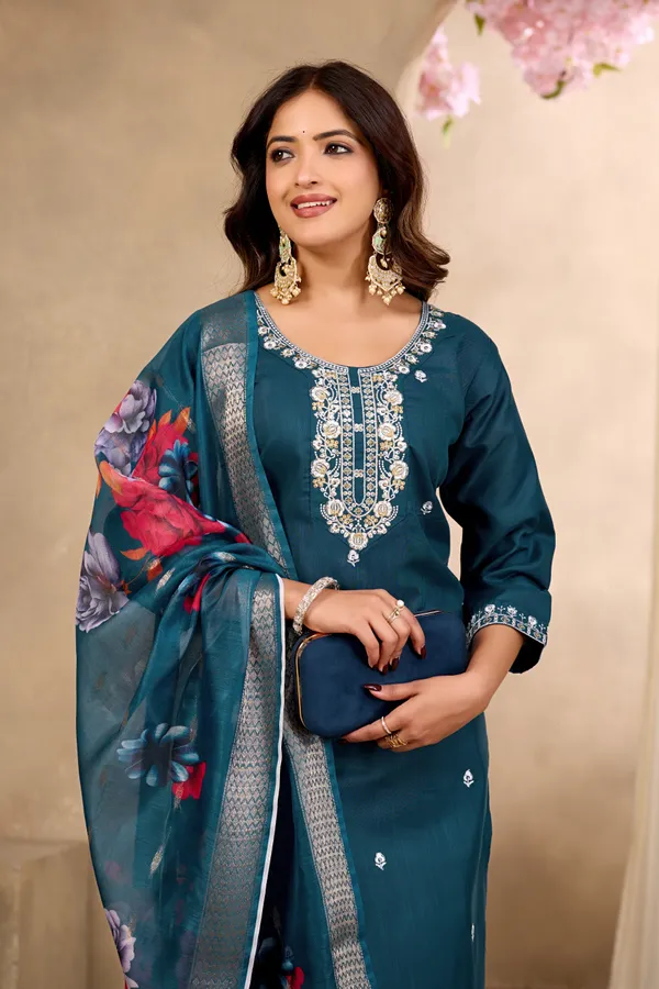 Teal_Rayon_Jacquard_Kurta_Set_For_Women