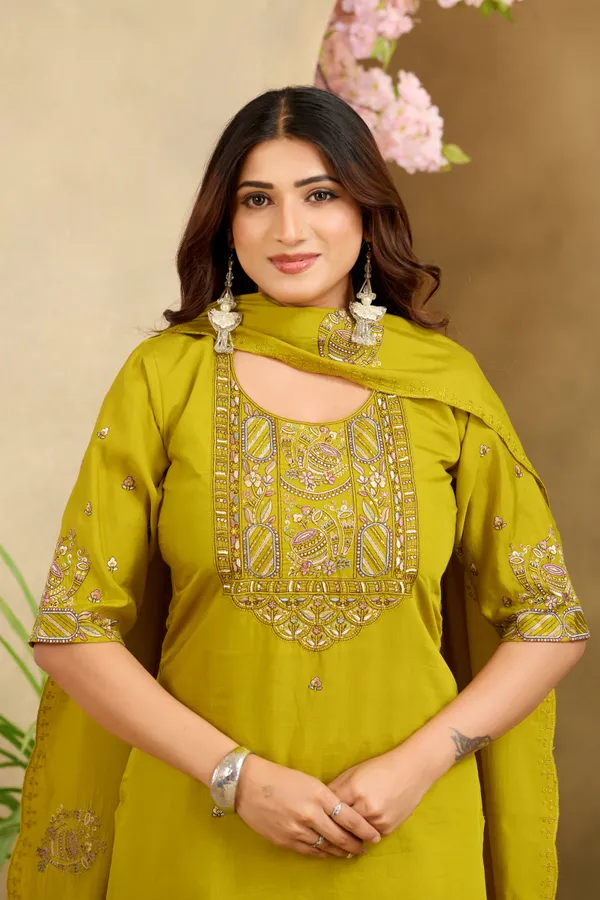 Olive_Green_Roman_Silk_Straight_Kurta_Set_For_Women