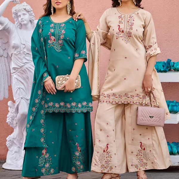 Teal_Roman_Silk_Straight_Kurta_Set_For_Women
