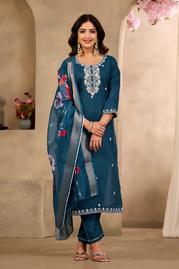 Teal_Rayon_Jacquard_Kurta_Set_For_Women