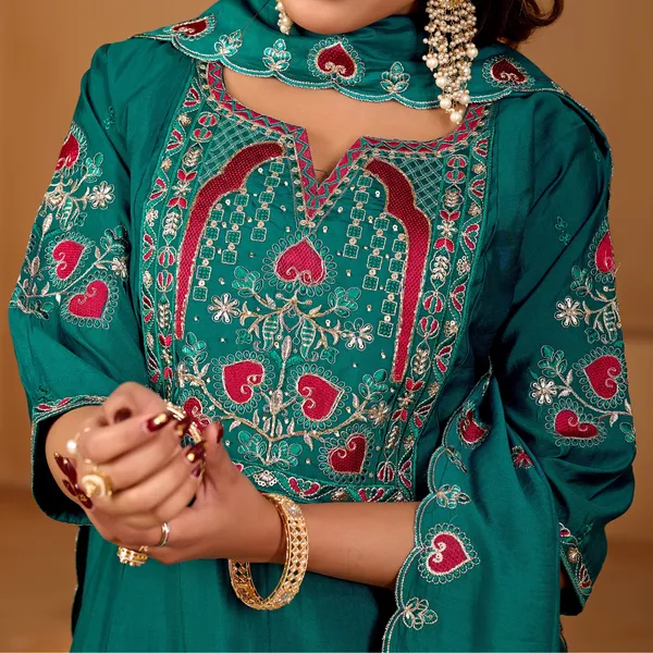 Teal_Two_Tone_Roman_Straight_Kurta_Set_For_Women
