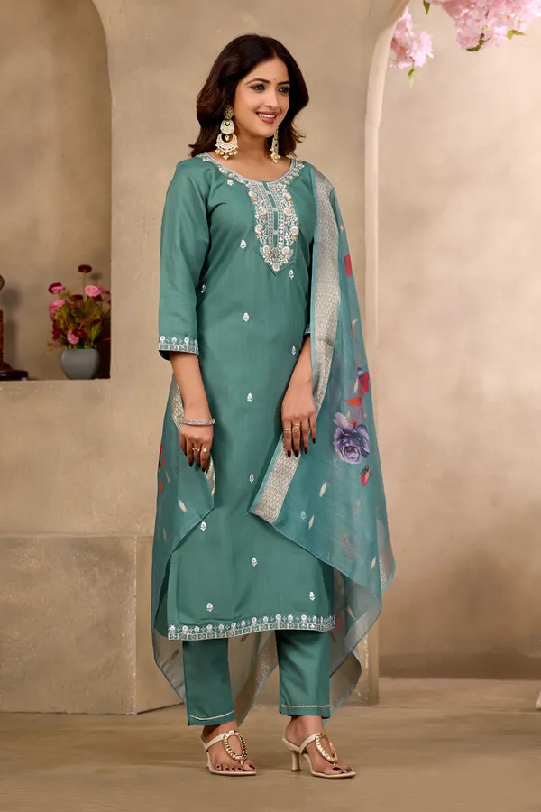 Teal_Rayon_Jacquard_Straight_Kurta_Set_For_Women