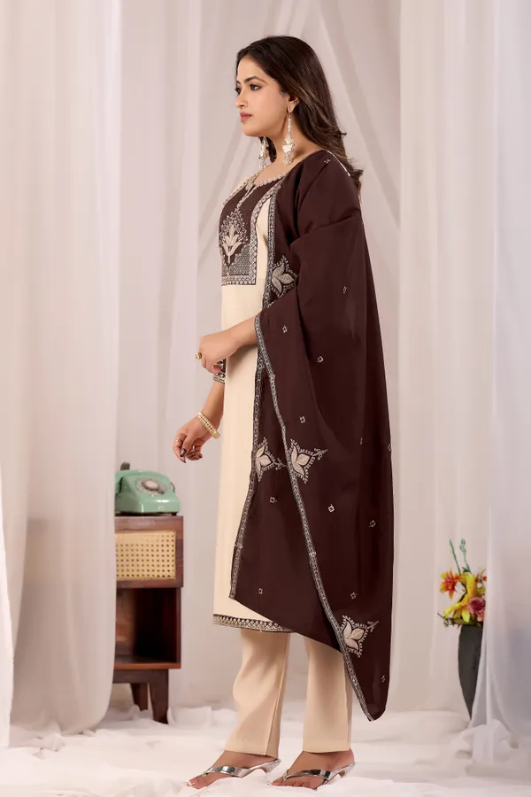 Beige_Roman_Silk_Straight_Kurta_Set_For_Women