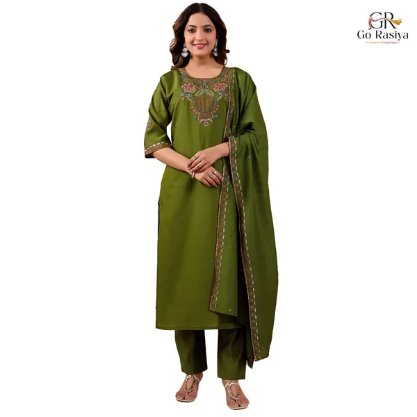 Olive_Green_Two_Tone_Roman_Straight_Kurta_Set_For_Women
