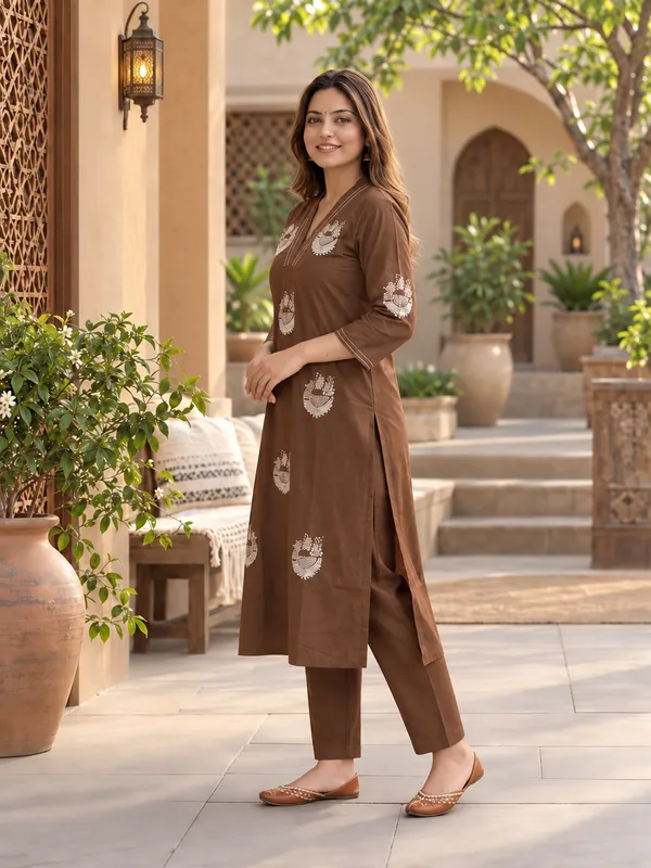 Brown_Dabu_Cotton_Straight_Kurta_Set_For_Women