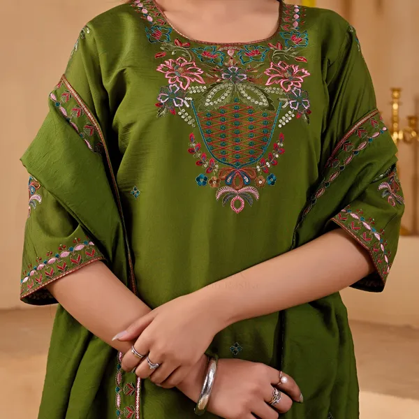 Olive_Green_Two_Tone_Roman_Straight_Kurta_Set_For_Women