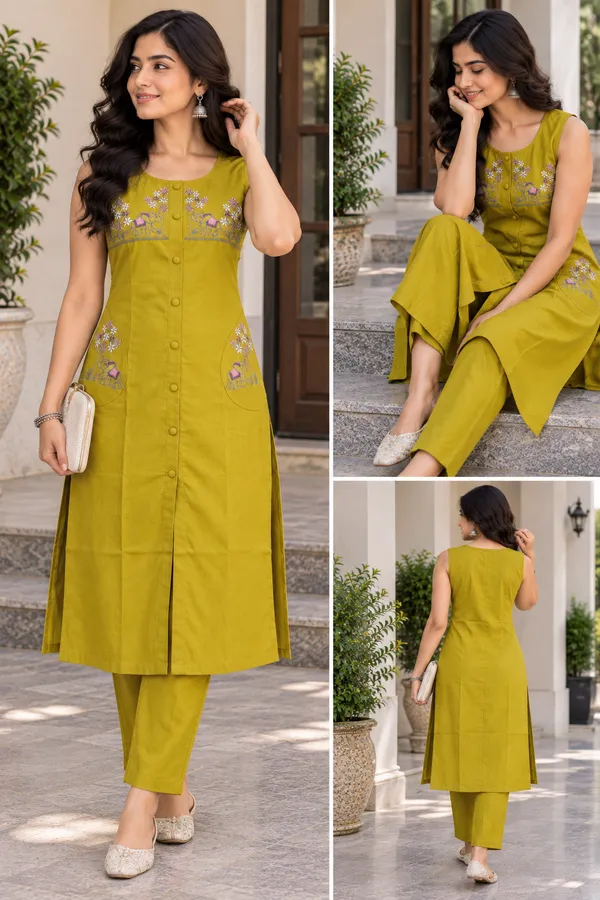 Mustard_Dabu_Cotton_Sleeveless_Kurta_Set_For_Women
