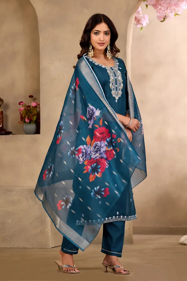 Teal_Rayon_Jacquard_Kurta_Set_For_Women