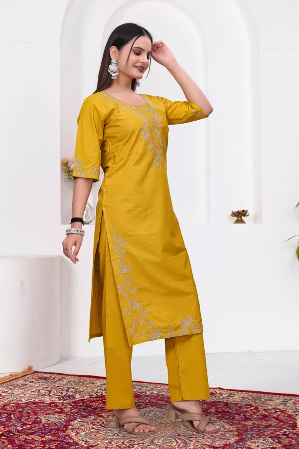 Mustard_Dabu_Cotton_Straight_Kurta_Set_For_Women