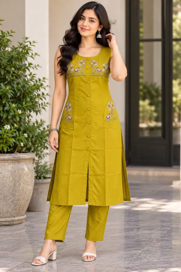 Mustard_Dabu_Cotton_Sleeveless_Kurta_Set_For_Women