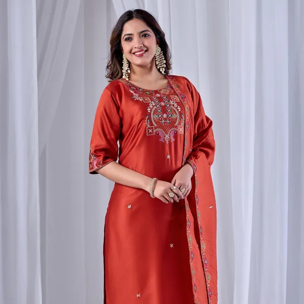 Red_Gaji_Cotton_Kurta_With_Dupatta_For_Women
