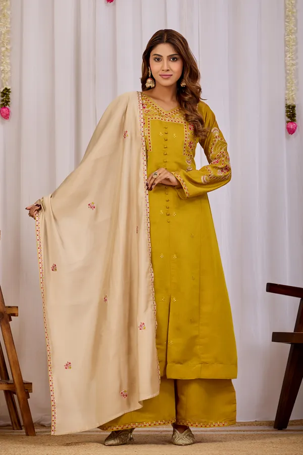 Mustard_Two_Tone_Roman_Silk_Straight_Kurta_Set_For_Women