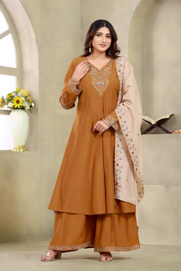 Brown_Roman_Silk_Straight_Suit_Set_For_Women