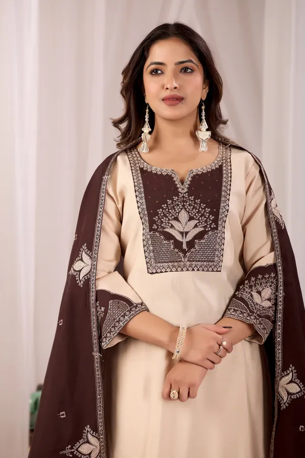 Beige_Roman_Silk_Straight_Kurta_Set_For_Women