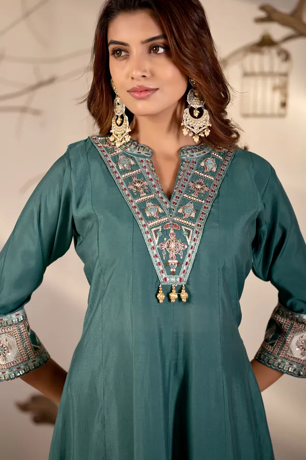 Teal_Green_Roman_Silk_Anarkali_Suit_Set_For_Women