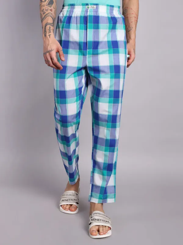 Plaid_Pure_Cotton_Pajama_Pants_Blue_And_Turquoise_Check_Pattern_Elastic_W_More