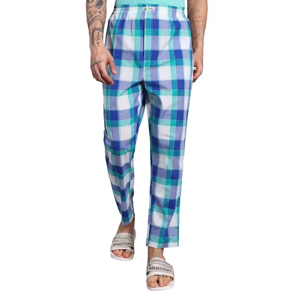 Plaid_Pure_Cotton_Pajama_Pants_Blue_And_Turquoise_Check_Pattern_Elastic_W_More