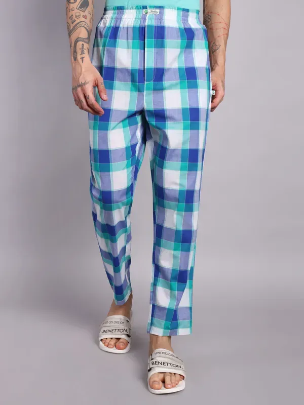 Plaid_Pure_Cotton_Pajama_Pants_Blue_And_Turquoise_Check_Pattern_Elastic_W_More