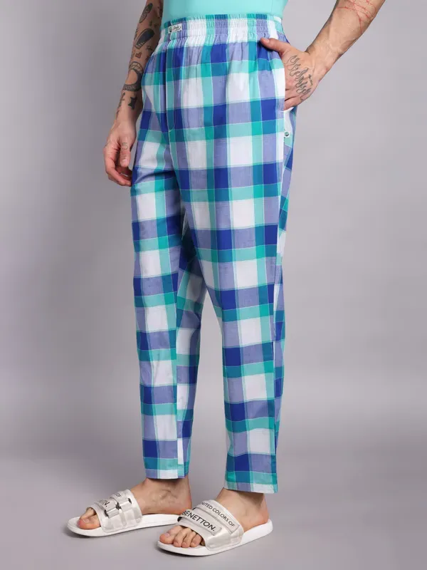Plaid_Pure_Cotton_Pajama_Pants_Blue_And_Turquoise_Check_Pattern_Elastic_W_More