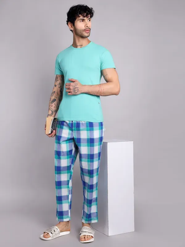 Plaid_Pure_Cotton_Pajama_Pants_Blue_And_Turquoise_Check_Pattern_Elastic_W_More