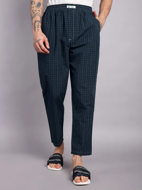 Mens_Check_Pure_Cotton_Pajama_Pants_Navy_Blue_Elastic_Waist_Casual_Loung_More