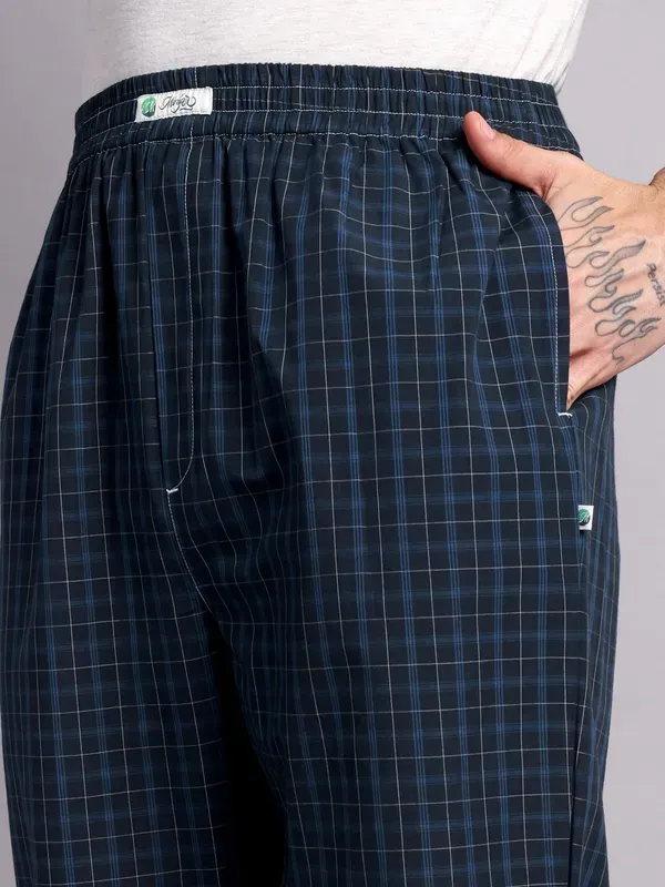 Mens_Check_Pure_Cotton_Pajama_Pants_Navy_Blue_Elastic_Waist_Casual_Loung_More