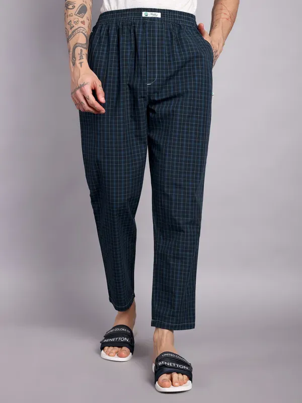Mens_Check_Pure_Cotton_Pajama_Pants_Navy_Blue_Elastic_Waist_Casual_Loung_More