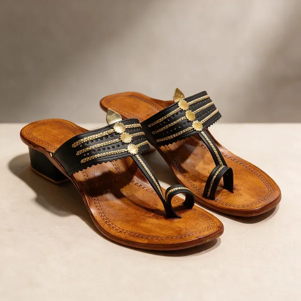 Black_And_Gold_Block_Heel_Kolhapuri_Sandals_For_Women