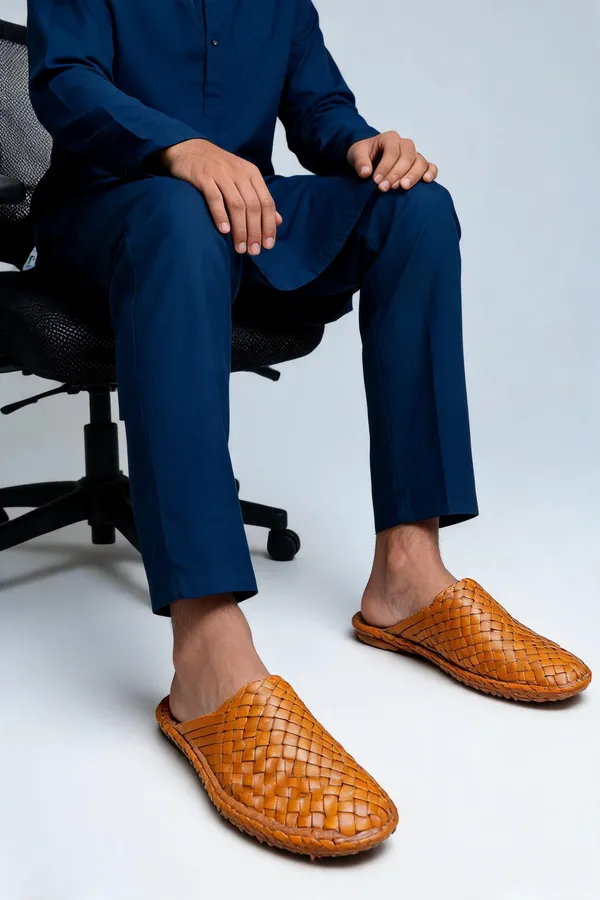 Tan_Woven_Leather_Banerjee_Slip_On_Mules_For_Men