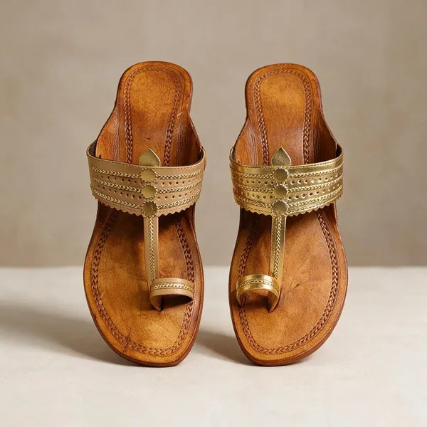 Beige_Leather_Kolhapuri_Heel_Sandals_For_Women