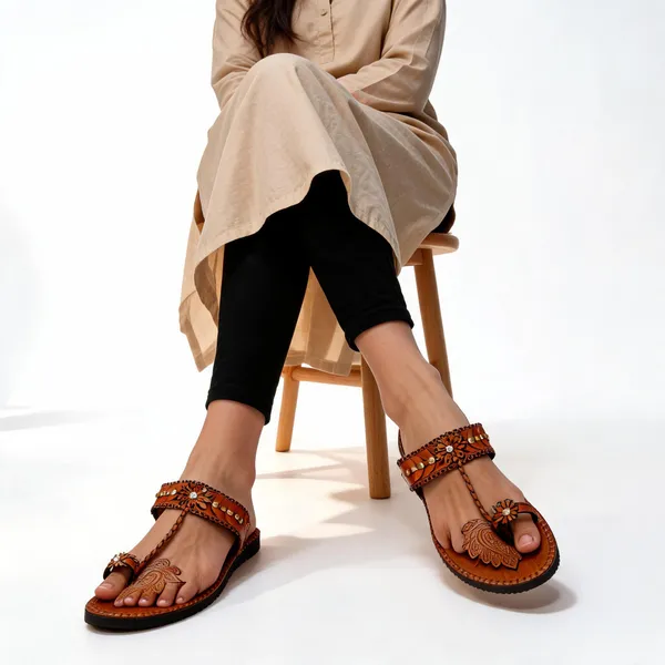 Tan_3D_Embossed_Flat_Sandals_For_Women