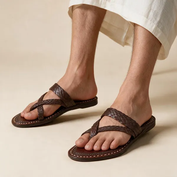 Brown_Chapti_Criss_Cross_Leather_Braided_Sandals_For_Men