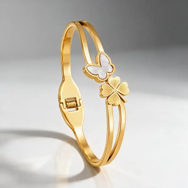 Gold_Stainless_Steel_Butterfly_Clover_Duo_Open_Cuff_Bracelet_For_Women