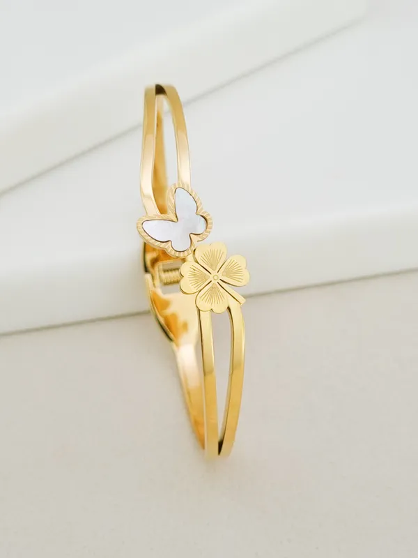 Gold_Stainless_Steel_Butterfly_Clover_Duo_Open_Cuff_Bracelet_For_Women