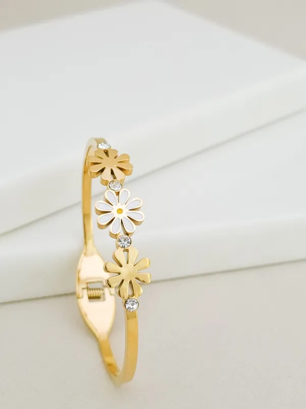 Gold_Stainless_Steel_Daisy_Cz_Trio_Open_Cuff_Bracelet_For_Women