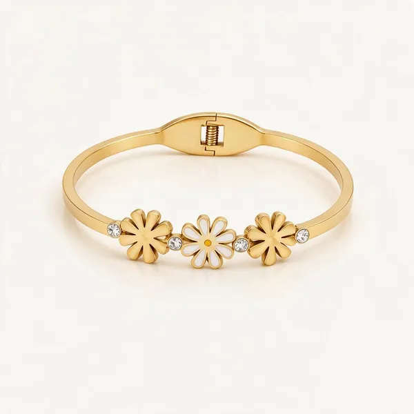 Gold_Stainless_Steel_Daisy_Cz_Trio_Open_Cuff_Bracelet_For_Women
