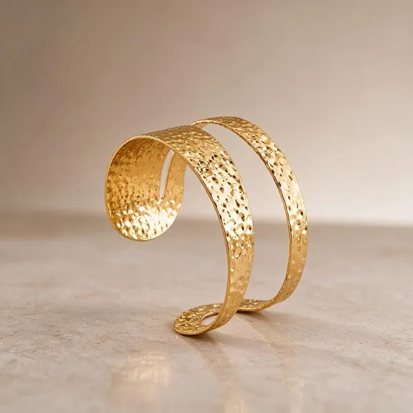 Gold_Stainless_Steel_Dual-Band_Hammered_Cuff_Bracelet_For_Women