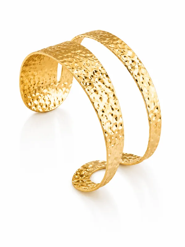 Gold_Stainless_Steel_Dual-Band_Hammered_Cuff_Bracelet_For_Women